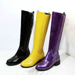 Boots Women Knee High Boots Round Toe Mid Thick Heels Patent PU Leather Fashion Boots Side Zip Winter Boots Black Yellow Purple