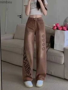 الجينز للسيدات Zoki American Streetwear رسالة طباعة جينز النساء الصيف عالية الخصر الرجعية السراويل الدنيم غير الرسمية harajuku wide reg pants newc24318