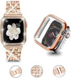 Fall Myllzw Diamond Shiny Case+Strap For Apple Watch Band 45mm 44mm 42mm för IWATCH 8 7 6 5 Rostfritt stål Metalluppsättning Watch Case