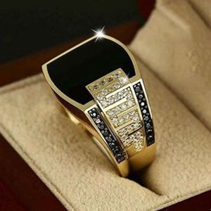 Klasyczny pierścień męski mody metalowy złoty kolor inkrustowany czarny kamienny cyrkon pierścienie punkowe dla mężczyzn Pierścień Pierścień Moda luksusowy prezent biżuterii