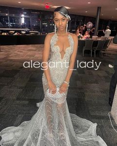Silver Diamond Sparkly Evening Formal Dresses for Black Girl Luxury Gillter Diamond See Through Prom Gala Birthday Dress