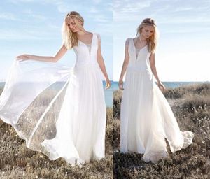 REMBO STYLING BEACH Wedding Dresses With Lace Cap Sleeves Plunging Neck Billiga brudklänningar Aline Floor Length Chiffon Wedding Dre5521668