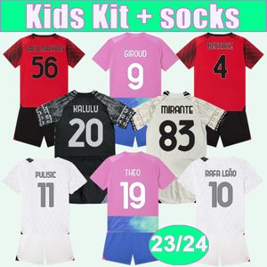 23 24 GIROUD Kids Kit Camisas de futebol RAFAEL LEAO BENNACER THEO PULISIC DE KETELAERE MIRANTE Home Away 3º 4º Goleiro Roupas infantis Camisas de futebol