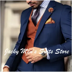 Jackor Senaste affärer Dark Blue Jacket Pant Orange Vest Tuxedos Men Suits Notch Lapel Terno Masculino Groom Wedding Blazer 3 Pieces