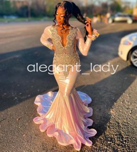 Pale Pink Long Sleeve Trumpet Evening Birthday Dresses for Black Girl Sparkly Luxury Diamond Crystal Prom Party Gala Dress