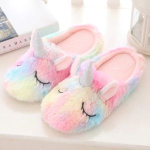 Stiefel House Frauen Pelz Pantoffeln süße bunte Einhorn -Cartoon gemütliche Heimat Grils Geschenke Hausschuhe Innen warm warme Plüsch Damen flauschige Schuhe