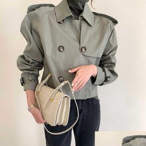 Trench da donna coreano Ins design primavera e autunno con risvolto con doppio petto sciolto versatile cappotto corto a maniche lunghe per le donne D Otbzd