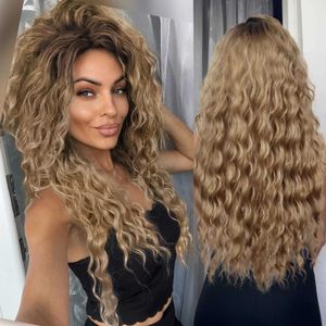 Synthetic Wigs GNIMEGIL Synthetic Long Wave Wig for Woman Natural Brown Wig with Clip Free Part Side Bangs 80s Curly Wigs for Women Ombre Wig 240328 240327