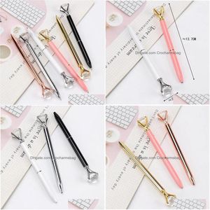 Andra skrivbordstillbehör Partihandel 16st Big Diamond Crystal Pen Gem Ballpoint Ring Office Metal Roller Ball Black Rose Gold Sier Drop D Dhioa