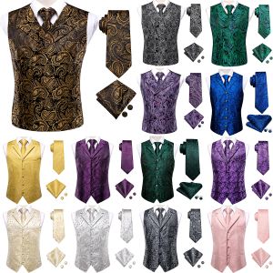 Vests Silk Mens Vest Tie Set Lapel Collar Sleeveless Suit Dress Waistcoat Necktie Hanky Cuffs Wedding Business Purple Gold Blue Green