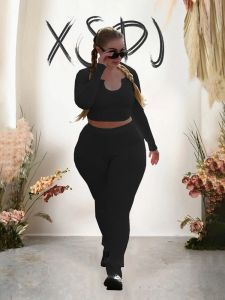 Setler Sıradan 2 Parçalı Setler Kadın Kıyafetleri Örme Uzun Kollu Üst ve Pantolon Artı Beden Seksi Spor Sıkı Takım Ücretsiz Nakliye Toptan