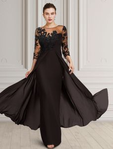 Elegant lång svart chiffong mor till bruden klänningar mantel spets o-hals gudmor klänningar golvlängd formell festklänning kvinnor klänningar