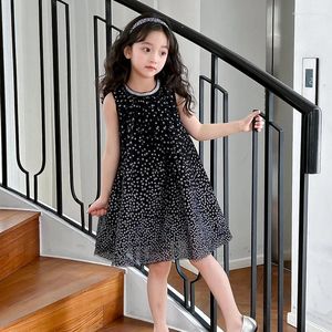 Parti Elbiseleri 2024 Yaz Ürünleri Çocuk Giysileri Kızlar Küçük Uçan Kollu Siyah Gümüş Hafif Prenses Elbise Tulum Kuyruk Skir