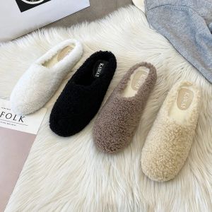 Boots Plus Size 3443 luxury lambwool mules winter shoes woman flip flops flat cover toe slides ins warm curly lamb fur slippers women