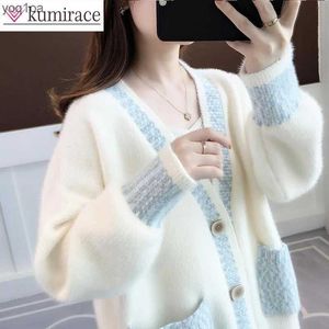 Jaquetas femininas Mink Fleece Sweater Cardigan Womens 2023 Nova Primavera e Outono Engrossado Solto Comprimento Médio Casaco de Malha Roupas de Inverno WomenL2403