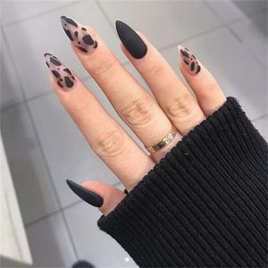 24Pcs/Box Fake Nail Leopard Print Stiletto False Nails Matte Black Color French Tips Ballerina Wearable Full Cover Coffin 240318