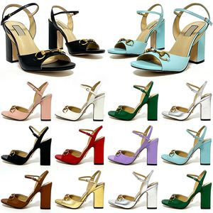 Designer G Sandaler Kvinnor Sandal High Heel Sandals Leather Party Fashion Metal Double Buckle Summer Sexig Peep-Toe Chunky Heel Dress Shoes High Heels 10cm 35-41 med låda