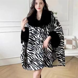 Women's Jackets 2024 Autumn/Winter Plush Thick Sleeved Fur Collar Cape Medium Length Shawl Leopard Print High-end Women Coat Retro Outerwear