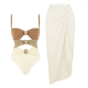 Mulheres Swimwear Color Block One Piece Swimsuit com Sarong para Mulheres 2024 Recorte Feminino Backless Monokini Swim Beach Bathing Suit