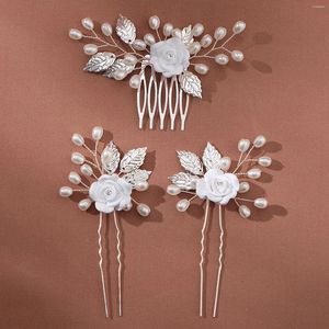 ヘアクリップブライドウェディングコーム手作り白い花のヘアピンシンプルu形状のパールスティックフォーク女性パーティージュエリー
