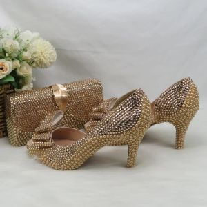 Botas champanhe Champagne Golden Pearl Bridal Wedding Shoes com sacos combinando mulher aberta para os tênis de festa sapatos de plataforma e bolsa