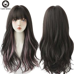 Synthetische Perücken 7JHH WIGS Lange gewellte, lockige, schwarzblonde Perücke für Frauen, natürliche Highlights, synthetische Mischungsperücken mit Pony, hitzebeständige Haarperücke 240328 240327