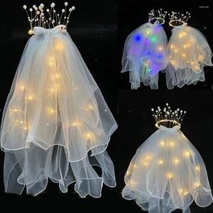 Accessori per capelli Clip a rete Moda Forcina da sposa Fiocco Velo Perla LED Luce Sposa Corona da sposa Copricapo coreano