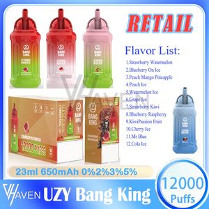 Original Uzy Bang King 12000 Puff Disposable Vape Pen 0%2%3%5%Level 23 ML Förfylld POD-mesh-spole 650mAh Uppladdningsbara batterypuffs 12 Flavors Puffs 12K E Cigarett