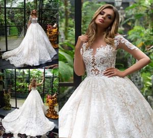 Vestidos de casamento de renda completa país modesto com mangas compridas jóia pura pescoço ilusão corpete vestido de noiva trem varredura2871689