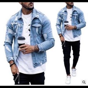 Mens Denim Jacket Ripped Irregular Wash 240307