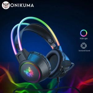 Headphones ONIKUMA X15 Pro OverEar Headphones Gaming Headset Wired Cancelling Earphones Pink Cat Ears Rgb Light With Mic For PC PS4