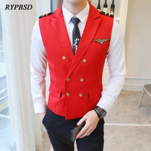 Vests Pilot Suit Vest Men Fashion Korean Slim Fit Embroidery Air Force Double Breasted Vest Men Work Uniform Flight Costume Cosplay