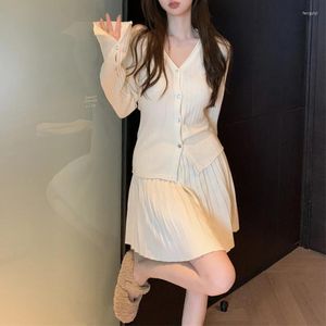 Women's Knits 2024 Spring V-neck Multi-button Solid Color Casual Long-sleeved Cardigan Women Pleated Knit A-line Skirt Two-piece Suit