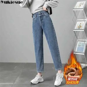 Calças de brim femininas inverno novo quente denim haren calças fashionharajuku casual engrossar quente cintura alta calça reta jean velo vintage feminino veludoc24318