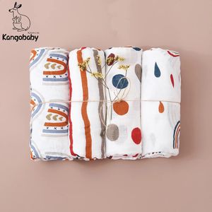 Kangobaby #my Soft Life # 4pcs Set hela säsongen Multifunktionell baby Muslin Swaddle filtfödd badhandduk Spädbarn Wrap Quilt 240313