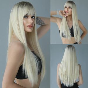 Peruklar uzun düz dalgalı peruk ile patlama ile günlük cosplay parti için doğal sarı saçlar ısıya dayanıklı fiber sentetik peruk kadın peruk