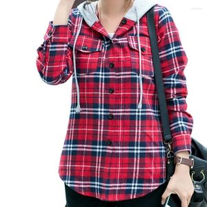 Women's Hoodies Women Blouse Hooded Long Sleeve Checkered Plaid Tops