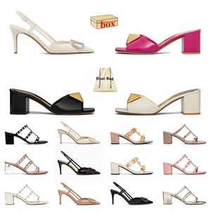 Großhandel Ledersandalen berühmte Designerinnen Frauen Plattform Nietbades Luxus Lady sexy spitze High Heels mit Box Customized Manual Slide Wedges Blockabsatzpumpen