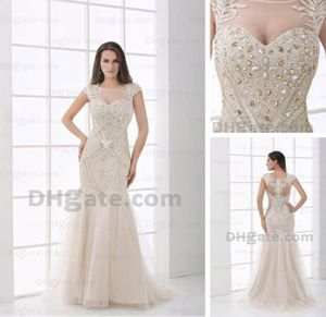 Mermaid Evening Dresses Real Actual Picture Sheer Scoop Beaded Rhinestones Champagne Tulle Floor Length DHYZ 022679233