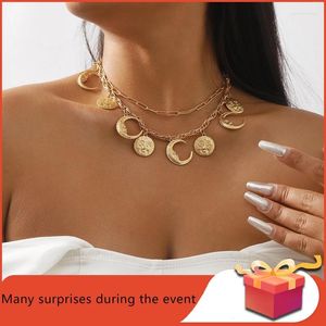 Pendant Necklaces Trendy Double Layers Moon Star Necklace Vintage Simplicity Women's Neck Chain Wedding Jewelry For Party Accessories