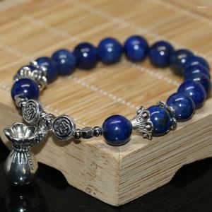 Filo di pietra naturale blu lapislazzuli 8mm perline rotonde bracciali donna Tibet accessori color argento creazione di gioielli 7,5 pollici B2068