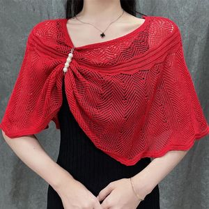 Womans Blus Ice Silk Hollow Sticked Shawl Summer Air Conditioning Neck Protection Pullover Cape Pearl Sunscreen Clothing R73 240312