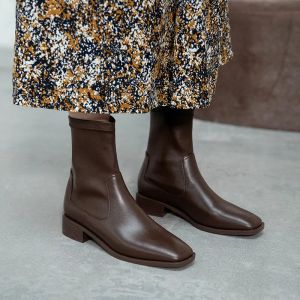 Sandálias senhoras retro quadrado de calcanhar de toe bloqueio marrom botas de chelsea boots feminino gabinete de couro britânico de couro clássicos de tornozelo botas de tornozelo