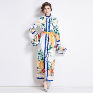 Fashion Flared Long Sleeve Women Maxi Dress With Belt Spring Autumn Stand Collar Floral Print Cardigan Dress Floor Length Party Vestidos