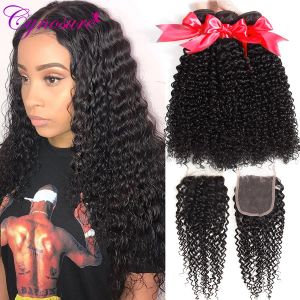 Stängning Afro Kinky Curly Weave Human Hair Bunds med stängning Cynosure Brasiliansk hårväv 3 -buntar med stängning Remy hår