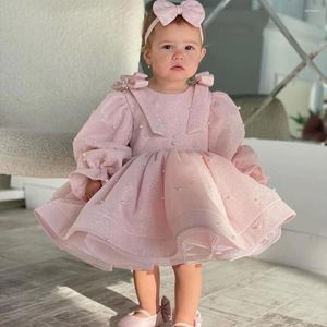 Girl Dresses Luxury Pink Flower Dress For Wedding Pearls Full Sleeves Bow Puffy Baby Kids Birthday First Communion Party Gown 2024