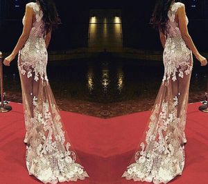 Abiti da celebrità trasparenti Oscar Sirena vedere attraverso il lungo trenino Scoop Cap Sleeve Prom Dress Red Carpet 2015 Abito da sera sexy6396186