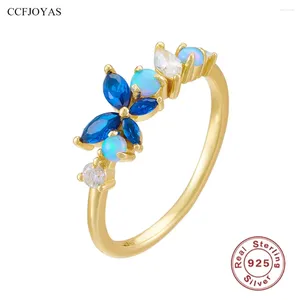 Clusterringe CCFJOYAS 925 Sterling Silber Opal Dunkelblauer Schmetterling für Frauen Europäischer und amerikanischer leichter Luxus Feiner Party-Fingerring