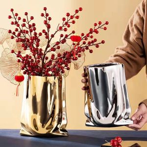 Ceramic Flower Vase Large Capacity Gold Silver Centerpiece Vases for Party Home Bedroom Dining Table Decor 240311