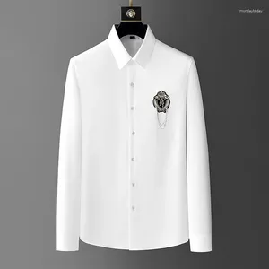 Camisas casuais masculinas marca designer emblema bordado camisa de manga comprida topo 2024 primavera moda rugas resistente elástico